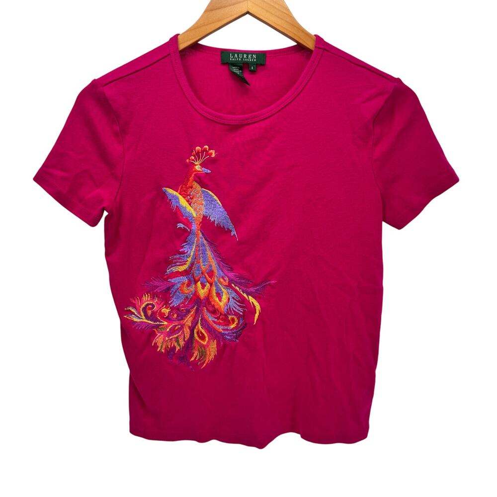 Lauren Ralph Lauren T-Shirt Womens Small Pink Embroidered Peacock Short Sleeve